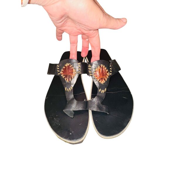 Handcrafted Leather Toe Ring Sandal Kwame B  8.5 Black Brown Sunburst Artsy Boho - Picture 11 of 11